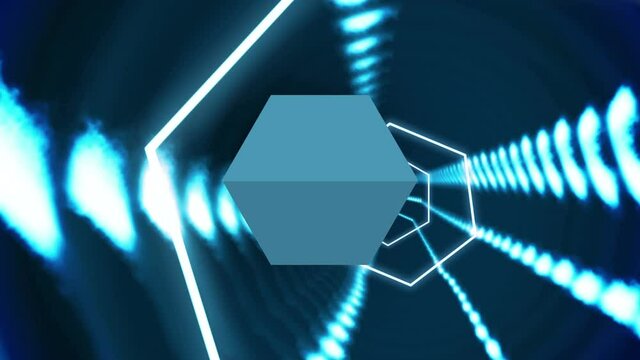 Animation of glowing hexagons spinning in tunnel of glowing lights