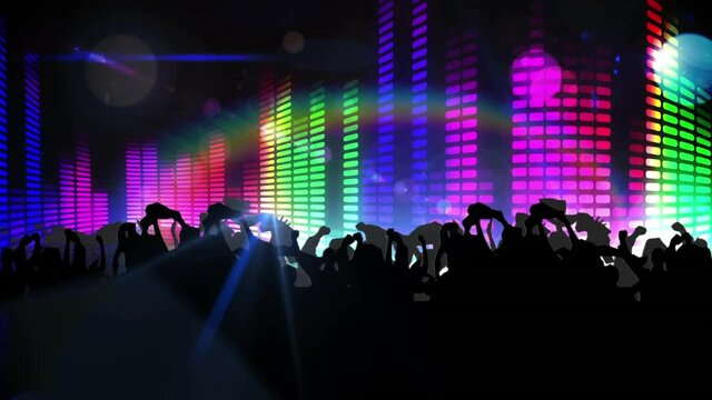 Animation of people silhouettes dancing with spotlights and rainbow graphic music equalizer