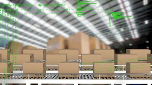 Animation of data processing over stacks of cardboard boxes on conveyor belts in warehouse