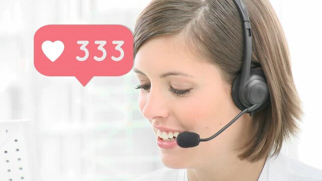 Animation of social media icon and changing numbers over woman wearing phone headset