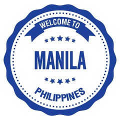 WELCOME TO MANILA - PHILIPPINES, words written on blue stamp
