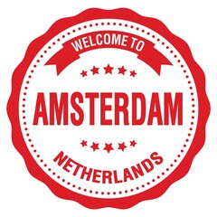WELCOME TO AMSTERDAM - NETHERLANDS, words written on light red stamp