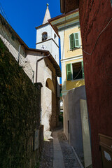 The streets and typical houses of the fishermen's island: a small island on Lake Maggiore, near the town of Stresa, Italy - June 2021.