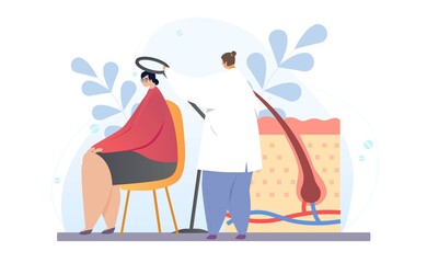 Profession of a trichologist concept. The doctor checks the health of the hair follicles and scalp with a magnifying glass. An appointment with a specialist. Cartoon modern flat vector illustration - obrazy, fototapety, plakaty