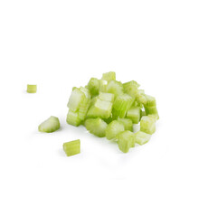 Celery Cut in Pieces, Isolated on White Background – Heap of Chopped Green Vegetable Ingredient, Ideal for Soup, Focus on Fiber – Detailed Close-Up Macro, High Resolution