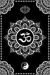 Set of Eastern ethnic religious symbols. Mandala with OM mantra, Yin Yang, Lotus flower. Decorative pattern for henna, mehndi, tattoos, room decoration. Outline doodle vector illustration.