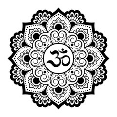 Circular pattern in form of mandala for with flower Henna, Mehndi, tattoo, decoration. Decorative ornament in oriental style with ancient Hindu mantra OM. Outline doodle vector illustration.