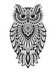 Fototapeta premium Owl decorated with oriental Indian ethnic floral vintage pattern. Hand drawn decorative bird in doodle style. Stylized mehndi ornament for tattoo, print, design room, cover, book and coloring page.