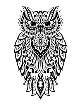 Owl decorated with oriental Indian ethnic floral vintage pattern. Hand drawn decorative bird in doodle style. Stylized mehndi ornament for tattoo, print, design  room, cover, book and coloring page.