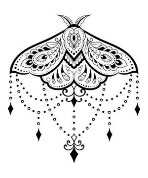 Moth decorated with Indian ethnic floral vintage pattern. Hand drawn decorative insect in doodle style. Stylized mehndi ornament for tattoo, print, design for room, cover, book and coloring page.