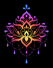 Colorful Lotus floral pattern for Mehndi and Henna drawing. Hand-draw lotus symbol. Decoration in ethnic oriental, Indian style. Rainbow design on black background.