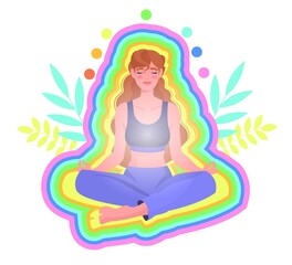 Fototapeta na wymiar Yoga practice concept. The girl sits in the lotus position surrounded by a rainbow aura and relaxes. A healthy lifestyle. Cartoon modern flat vector illustration isolated on a white background