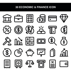 Illustration vector graphic of 30 Economic and Finance Icon Set. Line style icon. Vector illustration isolated on white background. Perfect for website or application design.