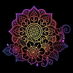 Circular pattern in form of mandala with flower for Henna, Mehndi, tattoo, decoration. Decorative ornament in ethnic oriental style. Rainbow pattern on black background.
