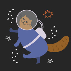Cute doodle cat in astronaut suit flying and exploring space card or poster. Flat design vector illustration