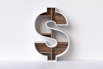 Dollar symbol in the shape of a furniture made of white maple veneer and brown raw wood planks. High definition 3D rendering.