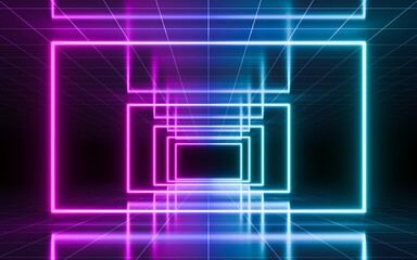 Abstract neon light background with perspective grid. 3d rendering