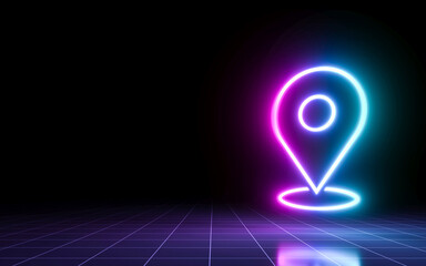 Location map icon neon sign with perspective grid. Idea concept design. 3d rendering