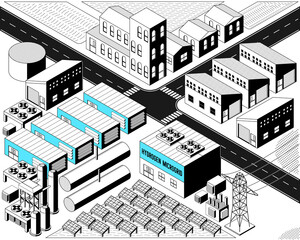 hydrogen microgrid with solar cell in isometric graphic