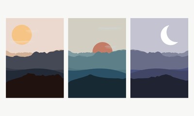 Vertical Abstract landscape poster collection in Vector. Background set of sunrise, sunset, night