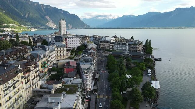 Drone flying above Montreux, Switzerland. 