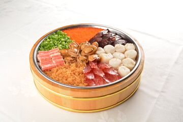 cny colourful treasure pot set with rice, meat and seafood with abalone, scallop, sausage, egg, vegetable, pork, prawn, duck, chicken floss, waxed meat in big platter sushi bento takeaway banquet