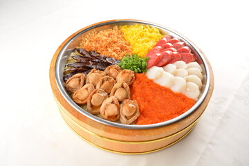 cny colourful treasure pot set with rice, meat and seafood with abalone, scallop, sausage, egg, vegetable, pork, prawn, duck, chicken floss, waxed meat in big platter sushi bento takeaway banquet