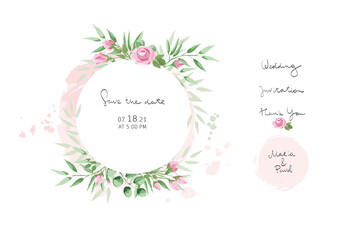 Obraz premium Pink roses -- set design elements for wedding invitations. Vector illustration, frame, backgrounds watercolor style. Calligraphic lettering collection. 