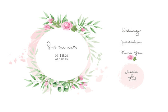 Pink roses -- set design elements for wedding invitations. Vector illustration, frame, backgrounds watercolor style. Calligraphic lettering collection.	