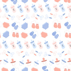 pattern. Vector illustration of a set for children in pink and blue on a white background. A bottle, a pacifier, scissors, scratches, diapers. Suitable for children's underwear, clothing, postcards