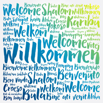 Willkommen (Welcome in German) word cloud in different languages, conceptual background