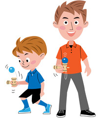 父親と子供（息子）がけん玉をしています