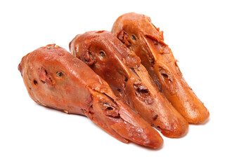 Duck head with marinated sauce on white background