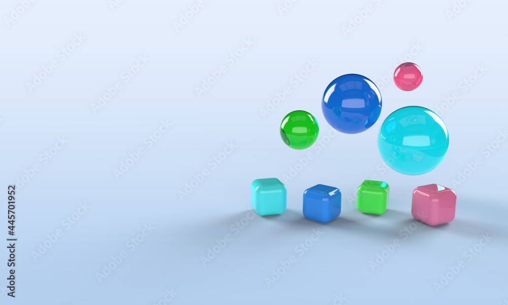 Fototapete glass, balls, spheres and glossy multicolored cubes. 3d render of a composition of geometric shapes.