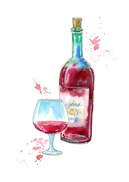 Bottle of red wine and glasses.Picture of a alcoholic drink.Watercolor hand drawn illustration.	
