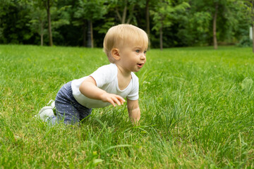 Funny adorable little caucasian blonde infant crawling in grass in summer park. Cute baby girl about 1 year old learning to creep outdoors. Side view