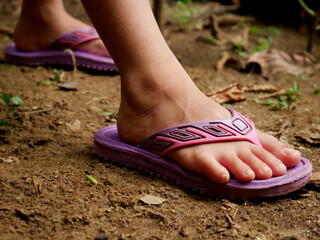 Kids foot with sleeper presented on soil field, Children lifestyle concept image