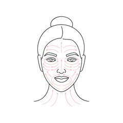 Vector illustration method fo face massage. Female face with arrow lines. Facial beauty treatment.
