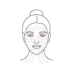 Vector illustration method fo face massage. Female face with arrow lines. Facial beauty treatment.