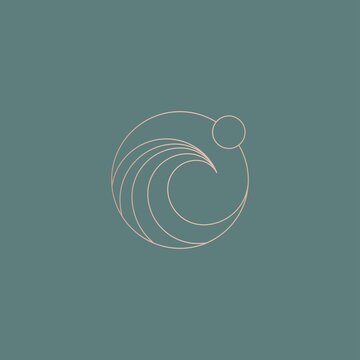 Minimalist thin lined sun and wave logo or icon design template in golden color on green background. Vector illustration