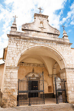 Facade of the church of Saint Domenico in the ancient mountain village of Pretoro in Abruzzo