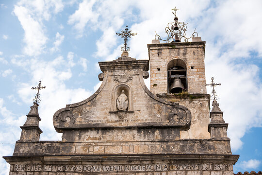 Bell tower of the church of Saint Domenico in the ancient mountain village of Pretoro in Abruzzo
