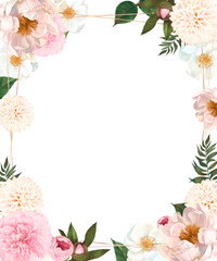優しい色使いの花とつぼみがある植物のレトロかわいい白バックフレームイラスト素材

