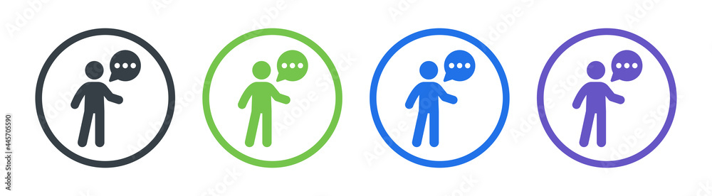 Poster Man with speech bubble icon symbol of talking, speaking and communication sign.