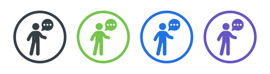 Man with speech bubble icon symbol of talking, speaking and communication sign.
