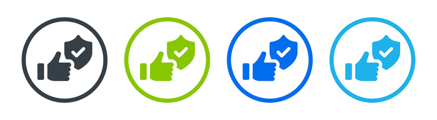 Thump up with checkmark shield symbol of warranty, recommend, best and guarantee icon sign.