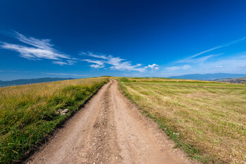 Dirt road leading to the top of the hill on a hot summer day, blue sky with white clouds background.