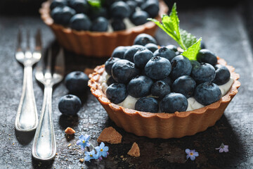 Delicious mini tart with blueberries. Sweet summer dessert.