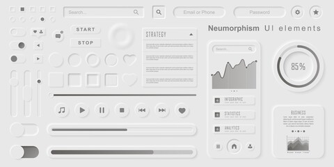 User interface elements for mobile app. Neumorphism User interface design kit. Neumorphism UI UX icons set.