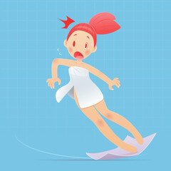 Cartoon woman wearing white towel slipping in toilet. Vector illustration and cartoon character design.